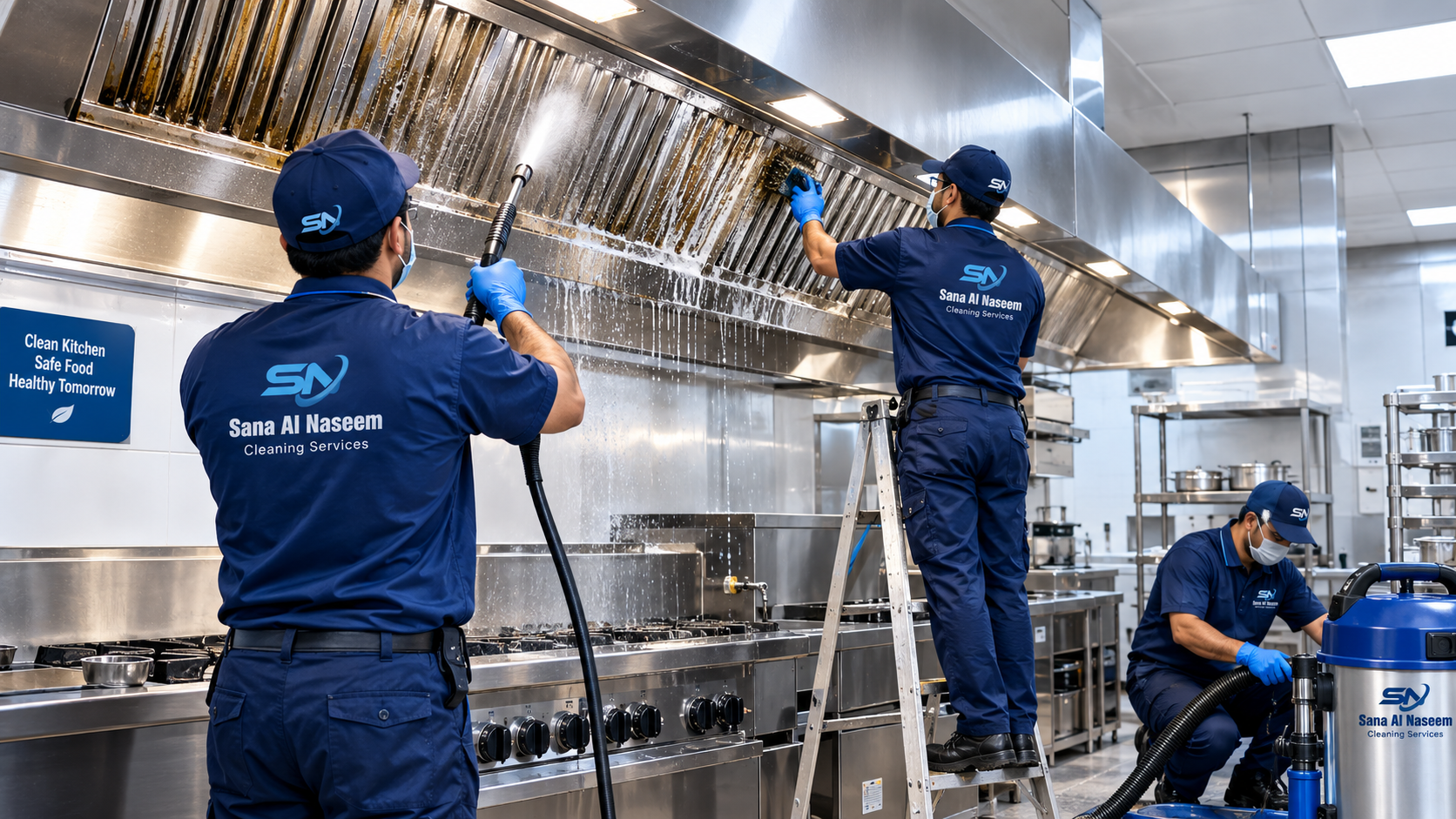 Technicians professionally cleaning a commercial kitchen hood